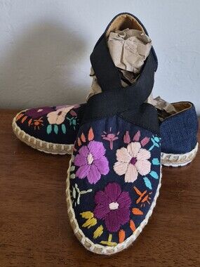 Womans Navy Espadrille Slip-Ons with Colorful Floral Embroidery